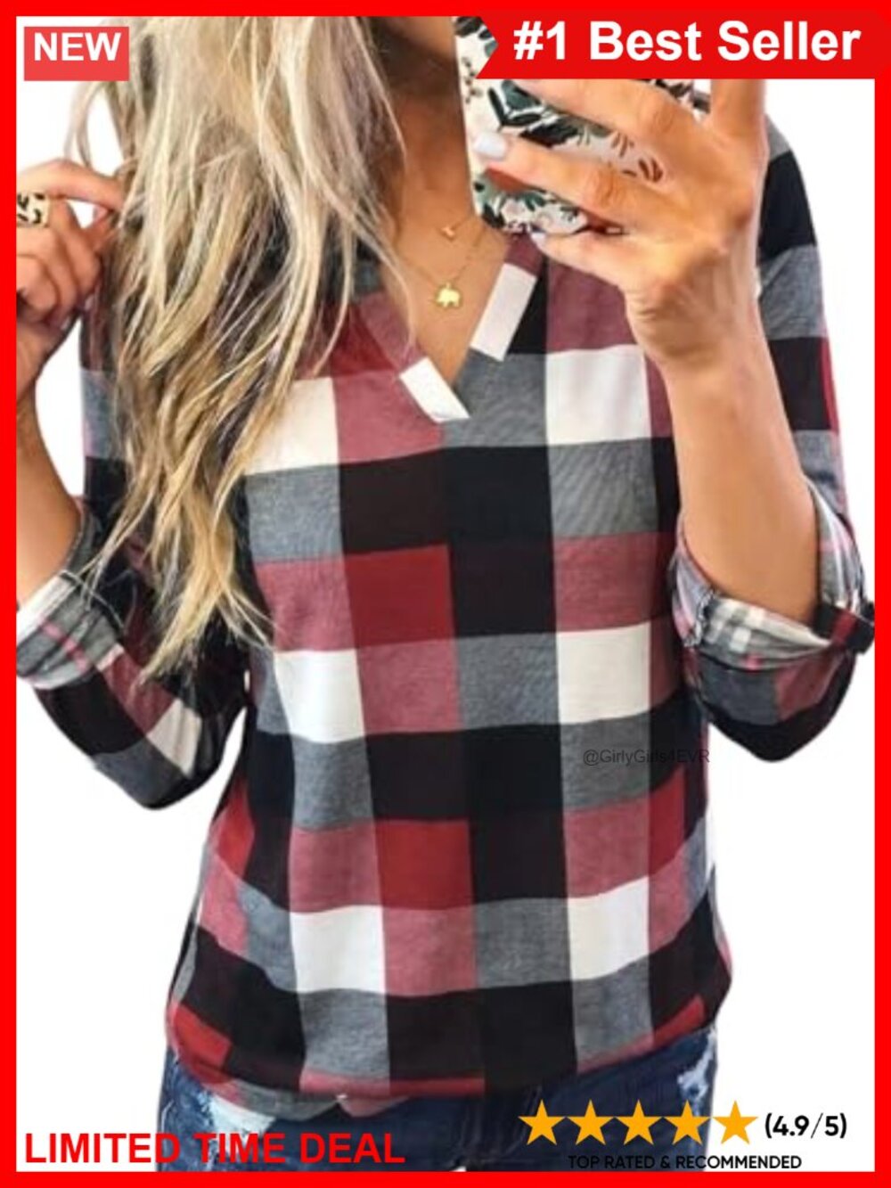 Plaid V-Neck Button-Down Shirt High-Low Hem 3/4 Sleeve Cotton Blouse